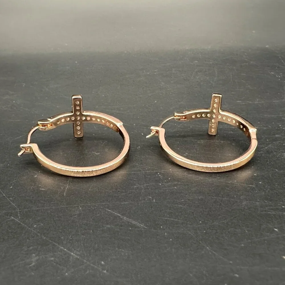 Cross Hoop Earrings Rose Gold Color Rhinestone Bling Jewelry Religious - Picture 4 of 7